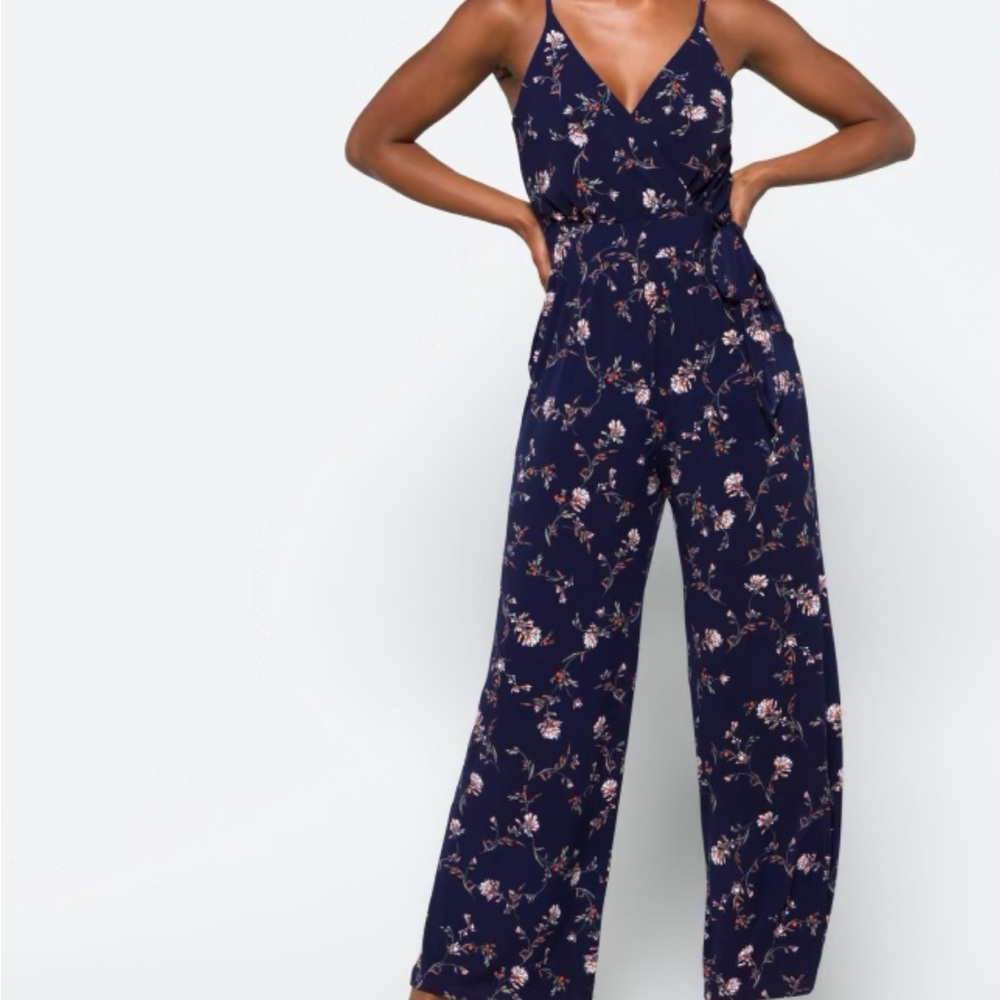 KAILEIGH Rochelle Knit Jumpsuit navy floral pants cami size M